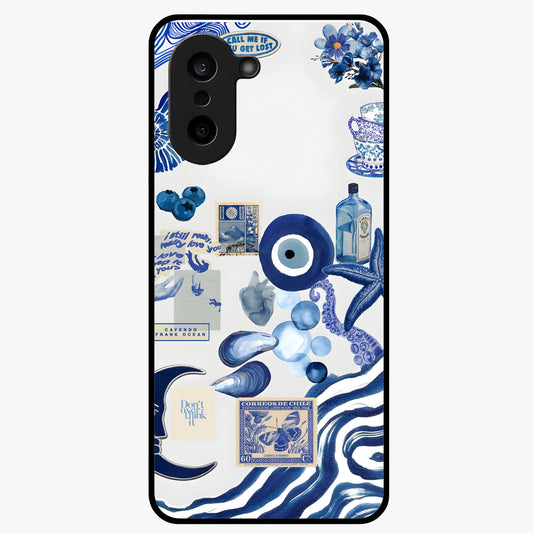 Evil Eyes Dark Blue Glass Case for 1+Nord CE 5 striking front view featuring deep blue evil eye artwork