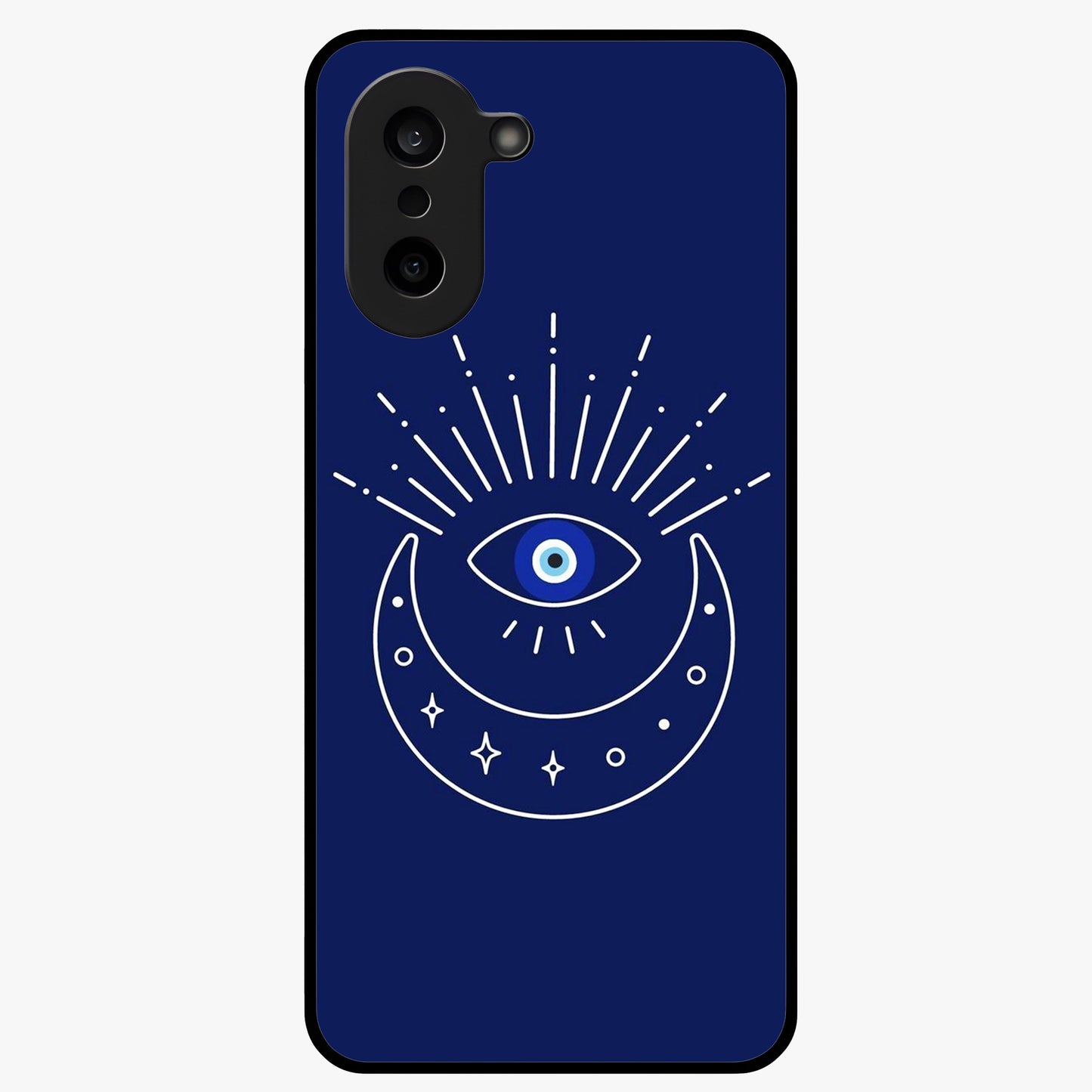 Evil Eye With Blue Themed Collage Glass Case for 1+Nord CE 5 artistic front view featuring blue collage style evil eye artwork