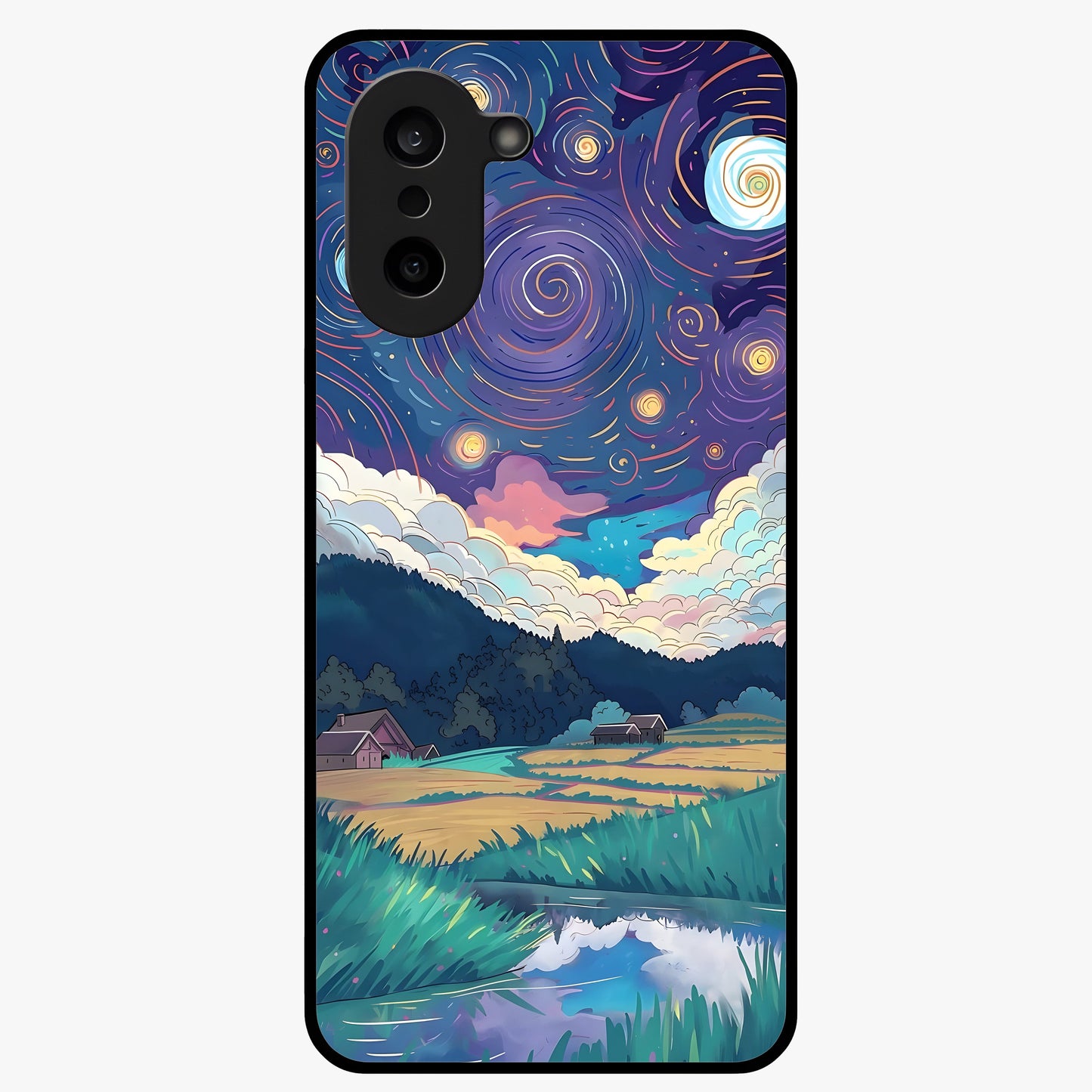 Fields Beneath the Cosmos Glass Case for 1+Nord CE 5 dreamy front view featuring meadow landscape under cosmic sky