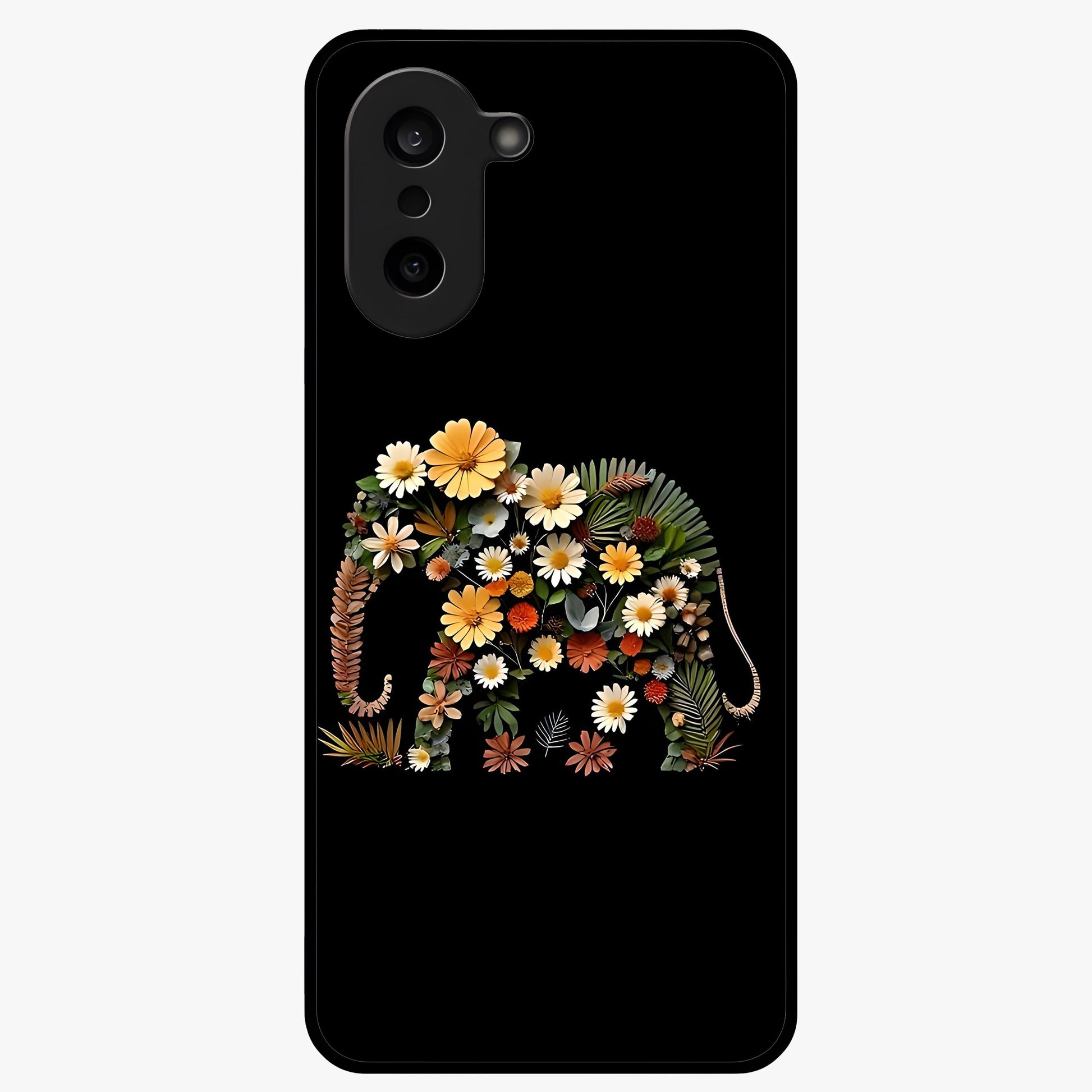 Floral Elephant Glass Case for 1+Nord CE 5 artistic front view featuring elephant illustration with floral detailing