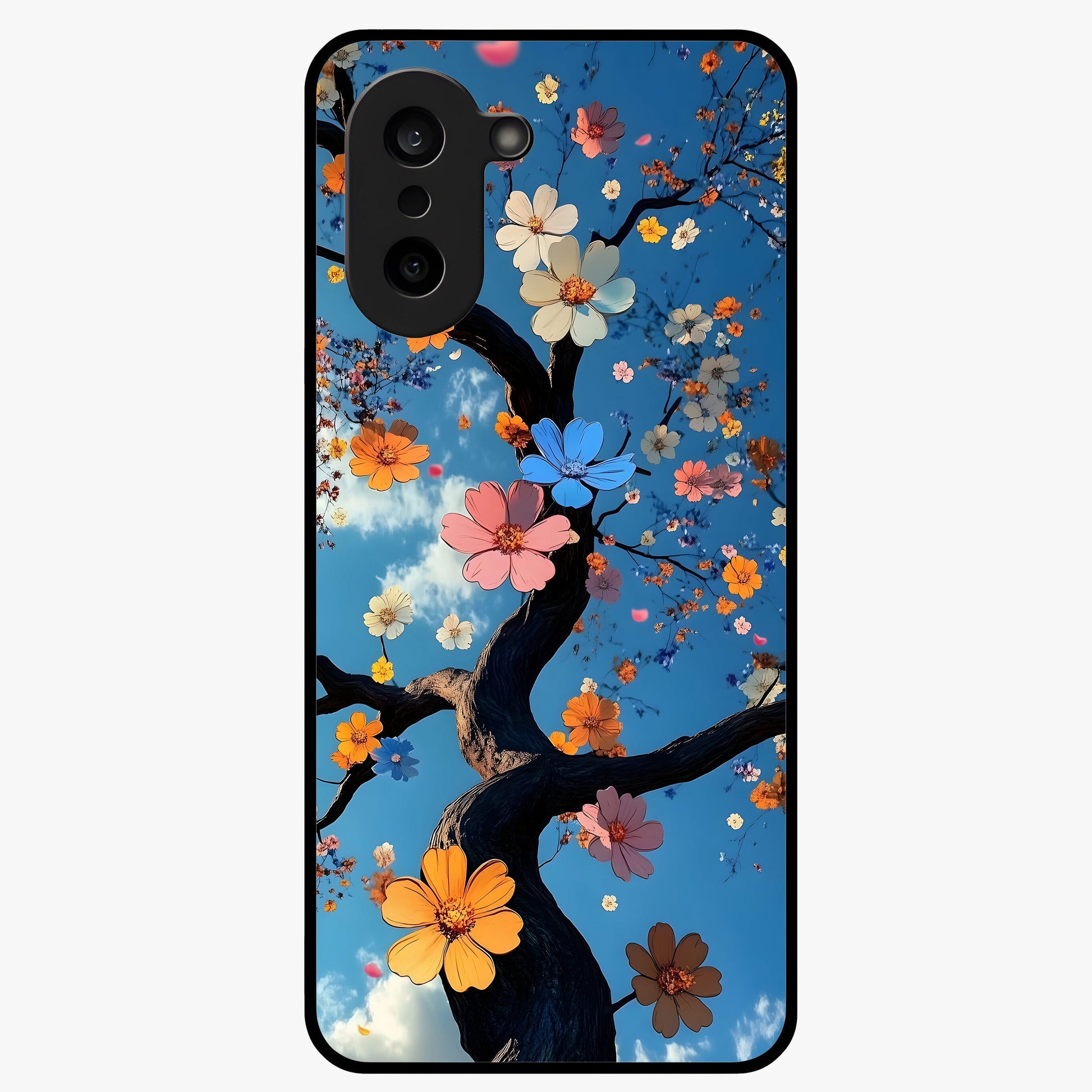 Floral Tree Glass Case for 1+Nord CE 5 elegant front view featuring blooming tree artwork