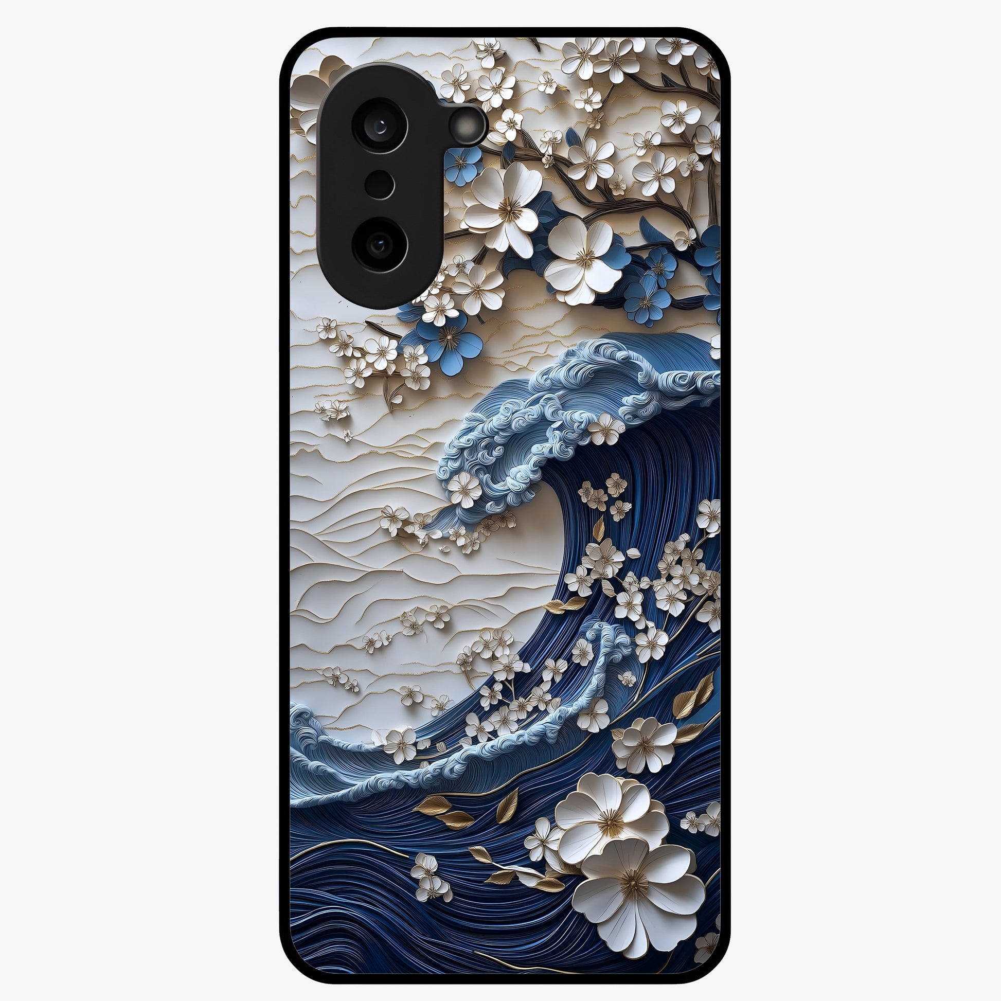 Floral Wave Origami Glass Case for 1+Nord CE 5 artistic front view featuring folded origami inspired floral wave artwork