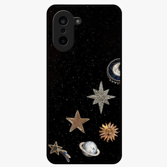 Galactic Charm Glow Glass Case for 1+Nord CE 5 radiant front view featuring glowing cosmic charm artwork