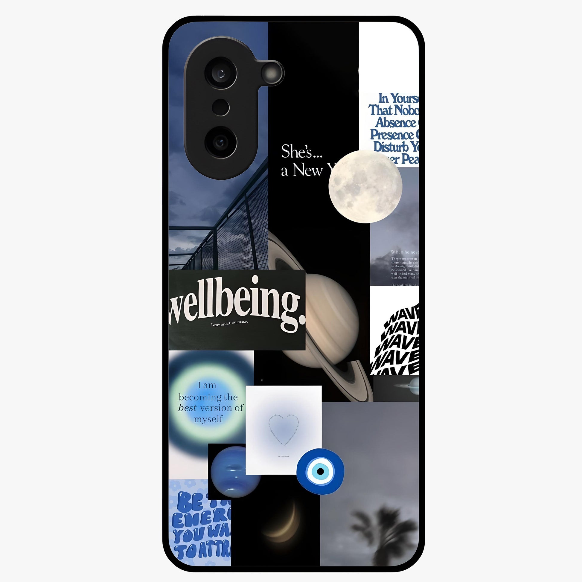 Galactic Energy Collage Glass Case for 1+Nord CE 5 artistic front view featuring layered cosmic collage artwork