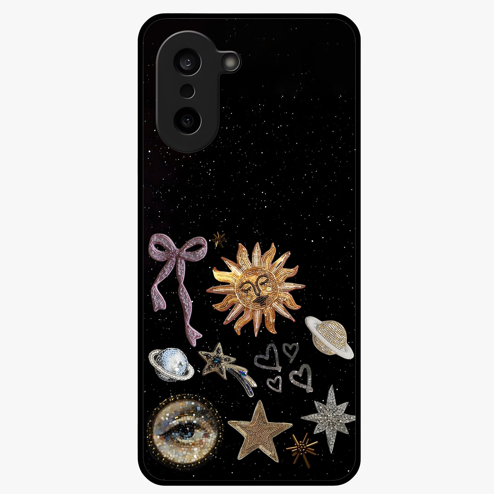 Galactic Sun Charm Glass Case for 1+Nord CE 5 radiant front view featuring celestial sun artwork with cosmic accents