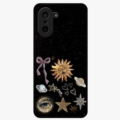 Galactic Sun Charm Glass Case for 1+Nord CE 5 radiant front view featuring celestial sun artwork with cosmic accents