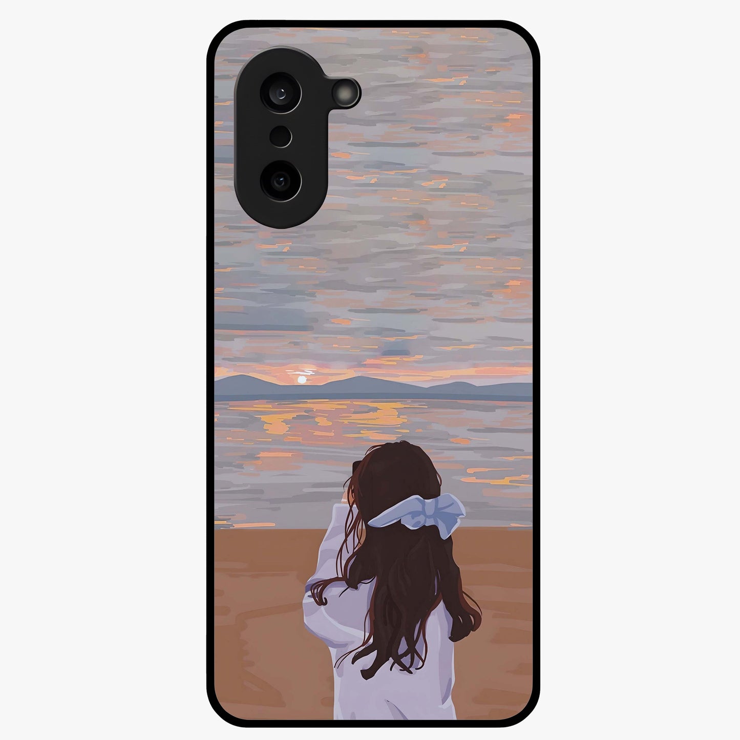 Girl Facing Sunset Beach Glass Case for 1+Nord CE 5 scenic front view featuring silhouette artwork against glowing sunset sky