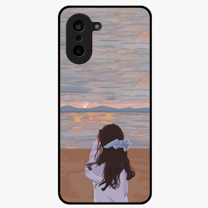 Girl Facing Sunset Beach Glass Case for 1+Nord CE 5 scenic front view featuring silhouette artwork against glowing sunset sky