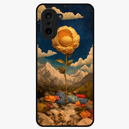 Golden Bloom Night Glass Case for 1+Nord CE 5 elegant front view featuring glowing golden floral artwork on dark background