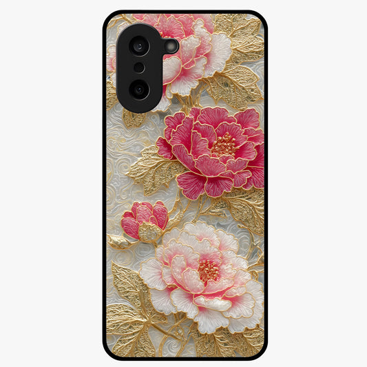 Golden Blossom Elegance Glass Case for 1+Nord CE 5 graceful front view featuring refined golden floral artwork