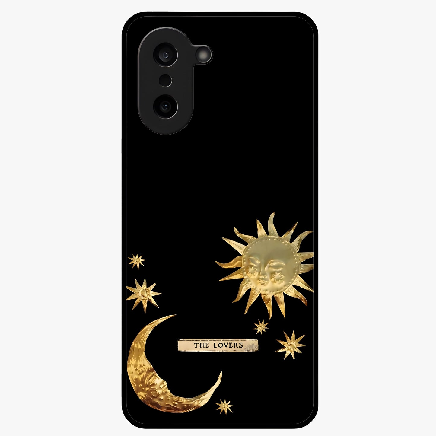 Golden Celestial Charm Glass Case for 1+Nord CE 5 radiant front view featuring celestial artwork with golden accents