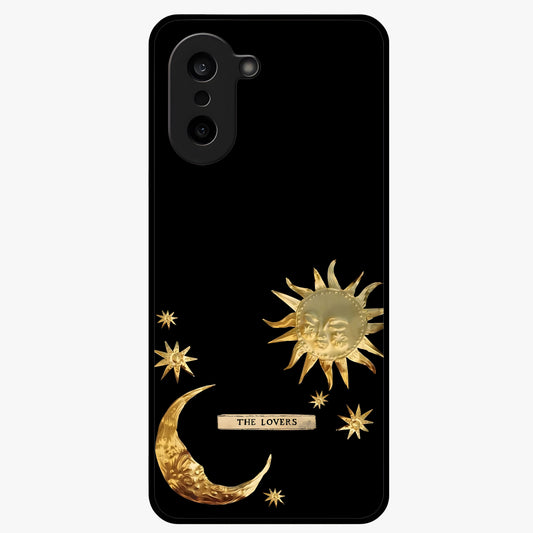 Golden Celestial Charm Glass Case for 1+Nord CE 5 radiant front view featuring celestial artwork with golden accents
