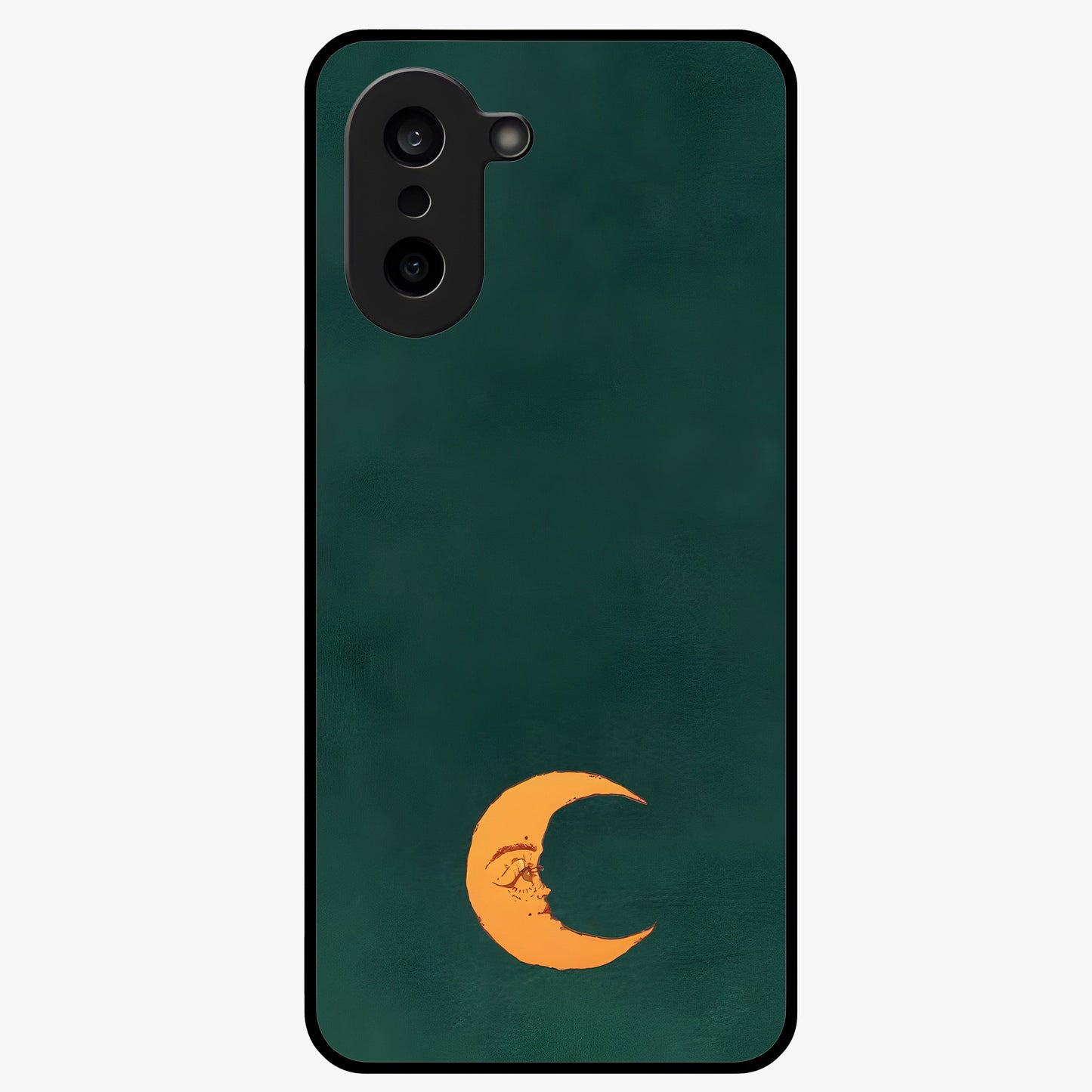 Golden Crescent Mood Glass Case for 1+Nord CE 5 artistic front view featuring crescent moon artwork in warm golden tones
