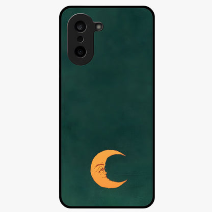Golden Crescent Mood Glass Case for 1+Nord CE 5 artistic front view featuring crescent moon artwork in warm golden tones