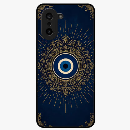 Golden Evil Eye Mandala Glass Case for 1+Nord CE 5 bold front view featuring intricate mandala artwork with golden evil eye