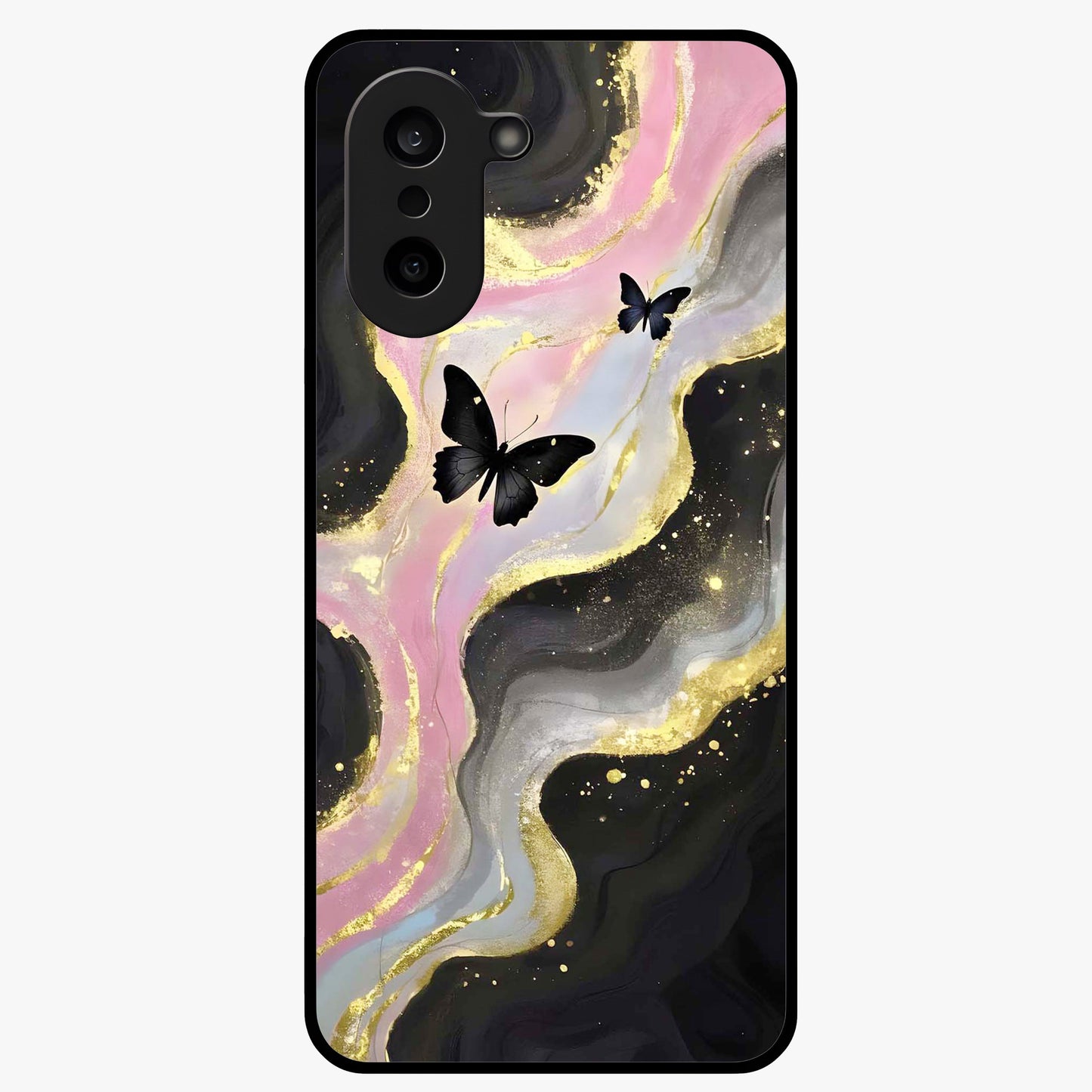 Golden Mist Butterflies Glass Case for 1+Nord CE 5 elegant front view featuring soft golden butterfly artwork with misty tones