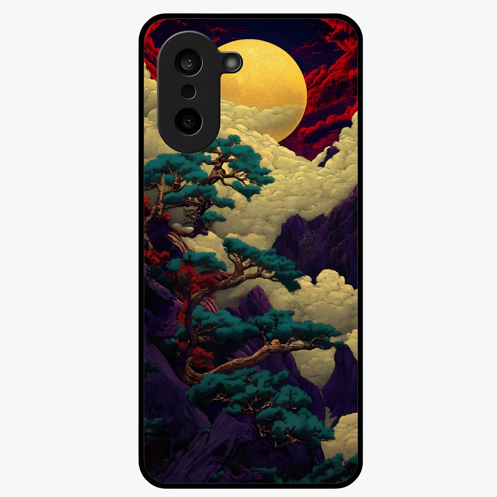 Golden Moon Horizon Glass Case for 1+Nord CE 5 serene front view featuring glowing golden moon over horizon artwork