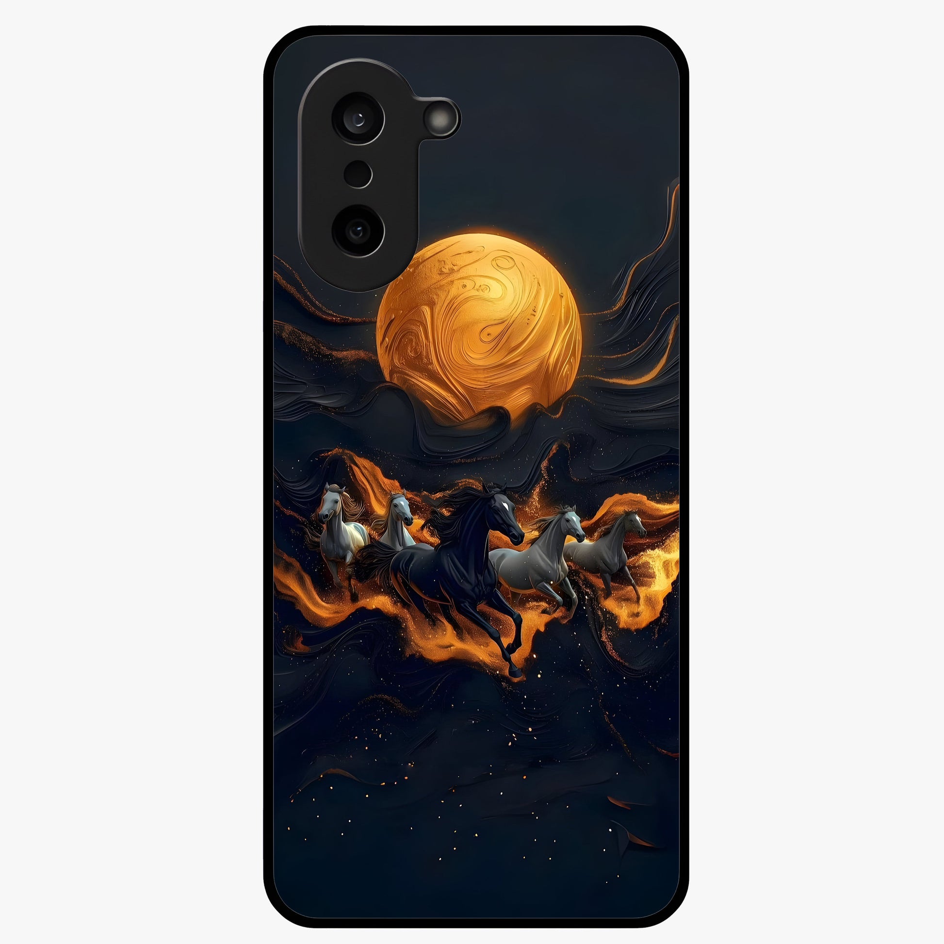 Golden Stallion Moonride Glass Case for 1+Nord CE 5 majestic front view featuring horse artwork under golden moonlight