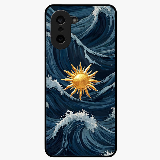 Golden Wave Rise Glass Case for 1+Nord CE 5 dynamic front view featuring flowing wave artwork in golden tones
