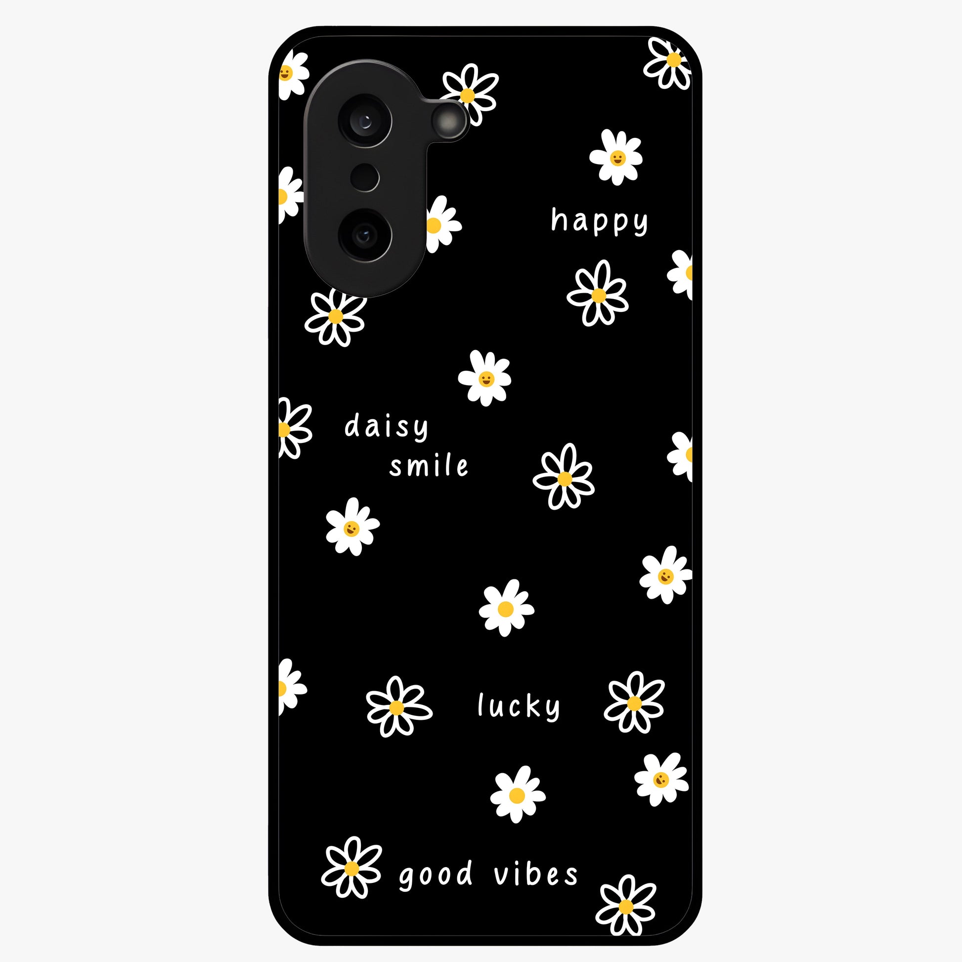 Good Vibes Daisy Black Pattern Glass Case for 1+Nord CE 5 stylish front view featuring white daisy artwork on black background