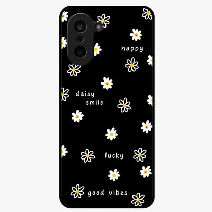 Good Vibes Daisy Black Pattern Glass Case for 1+Nord CE 5 stylish front view featuring white daisy artwork on black background