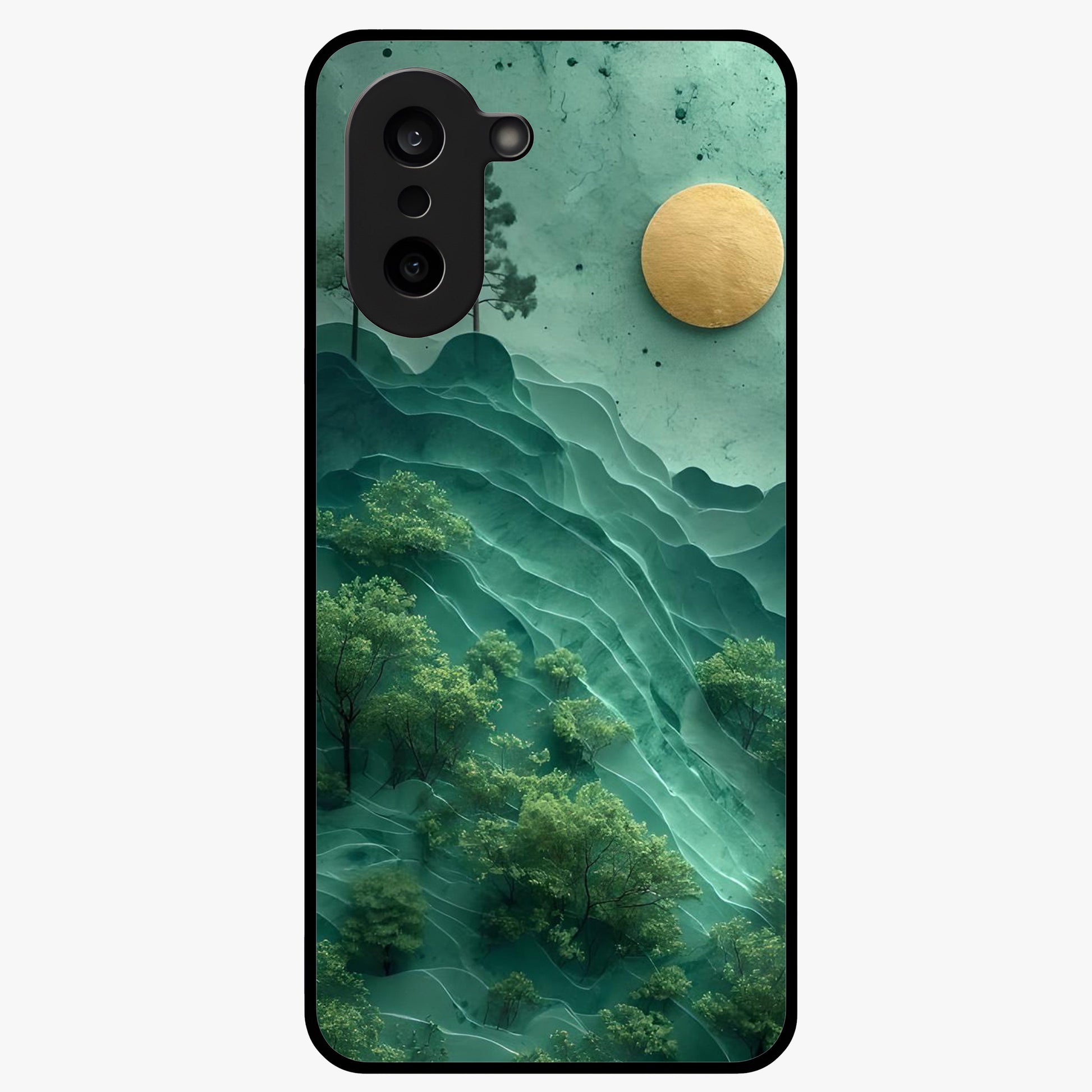 Green Hills With Sun Glass Case for 1+Nord CE 5 scenic front view featuring rolling hills under warm sunlight