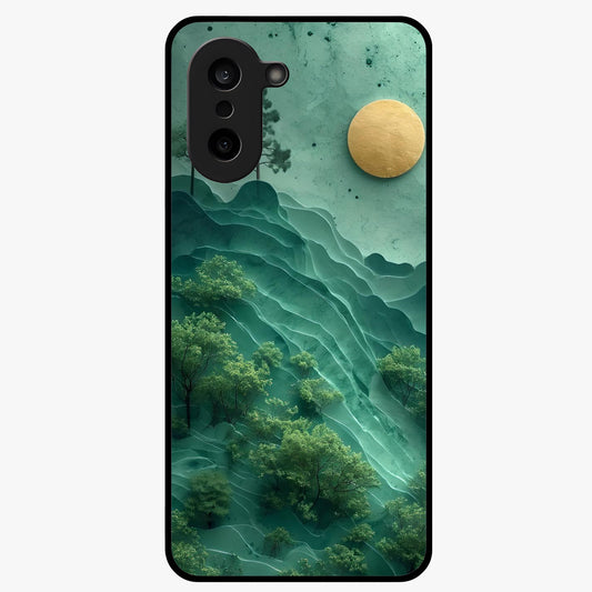Green Hills With Sun Glass Case for 1+Nord CE 5 scenic front view featuring rolling hills under warm sunlight