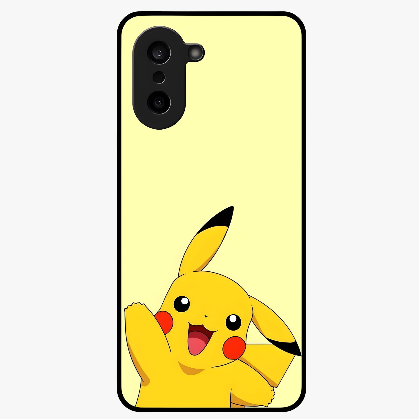 Happy Electric Pikachu Glass Case for 1+Nord CE 5 energetic front view featuring electric themed cartoon artwork