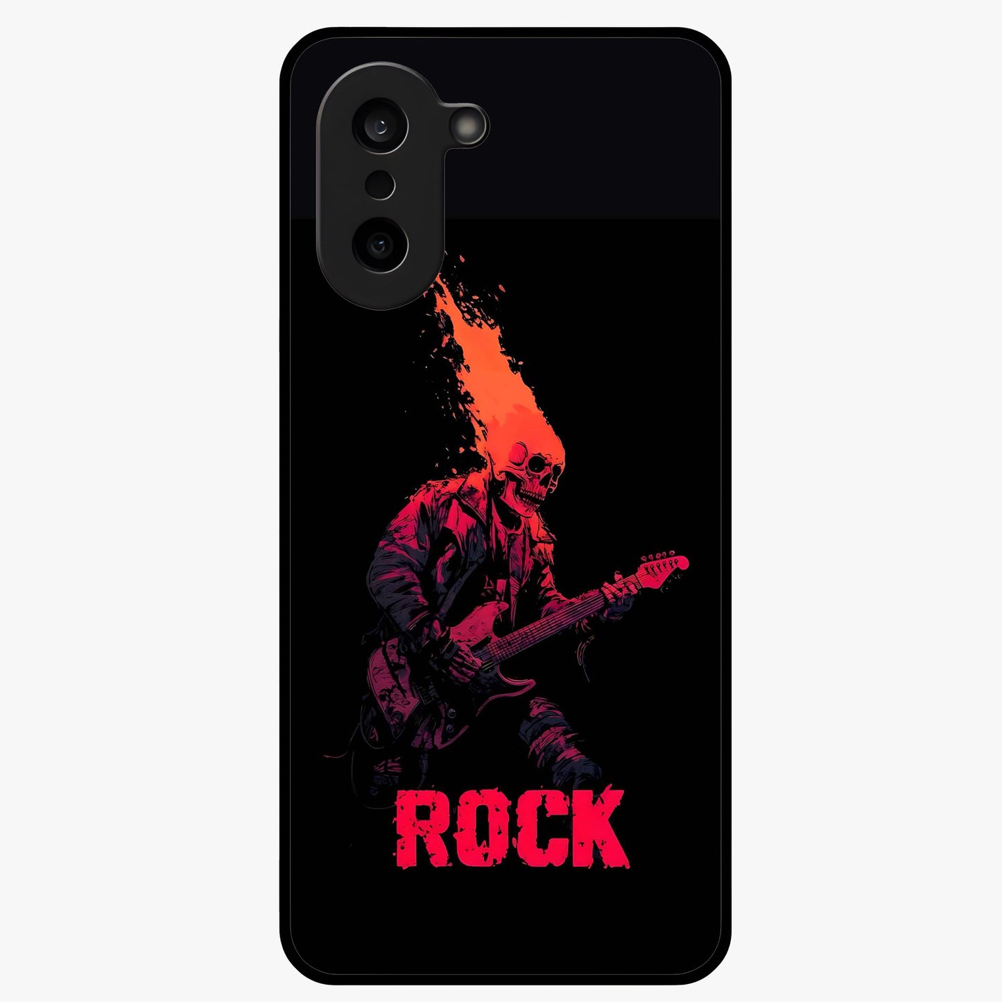 Hellfire Rock Anthem Glass Case for 1+Nord CE 5 showing full back design in clean flat view with fiery rock-inspired artwork and glossy glass finish.