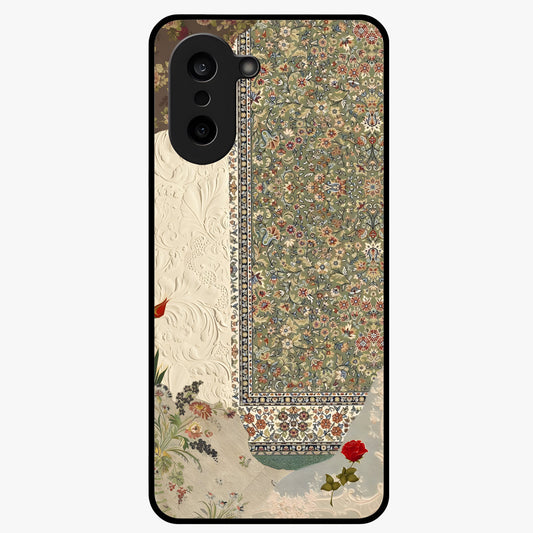 Heritage Textile Layers Glass Case for 1+Nord CE 5 showing full back design in clean flat view with layered textile-inspired artwork and glossy glass finish.