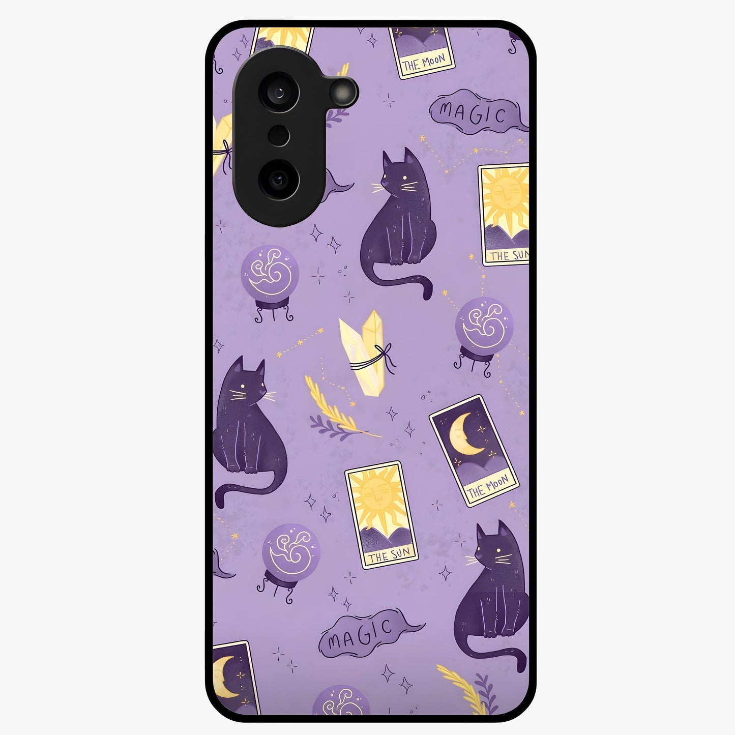 Humble Magic Cats Glass Case for 1+Nord CE 5 showing full back design in clean flat view with whimsical cat artwork and glossy glass finish.