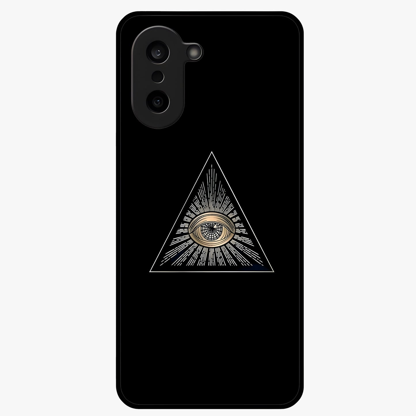 Illuminati Evil Glass Case for 1+Nord CE 5 showing full back design in clean flat view with bold symbolic artwork and glossy glass finish.