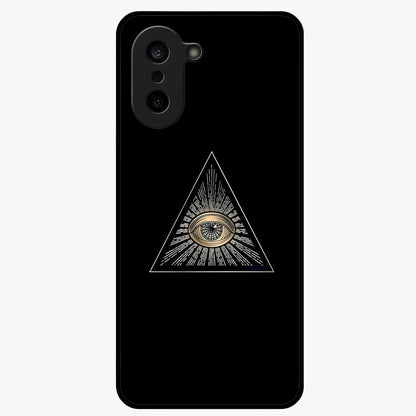 Illuminati Evil Glass Case for 1+Nord CE 5 showing full back design in clean flat view with bold symbolic artwork and glossy glass finish.