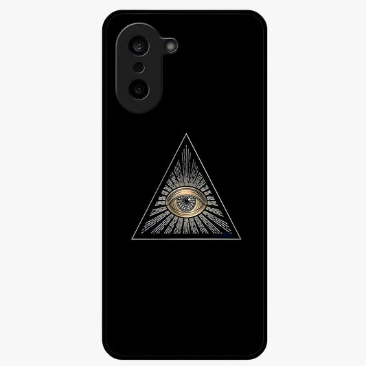 Illuminati Evil Glass Case for 1+Nord CE 5 showing full back design in clean flat view with bold symbolic artwork and glossy glass finish.