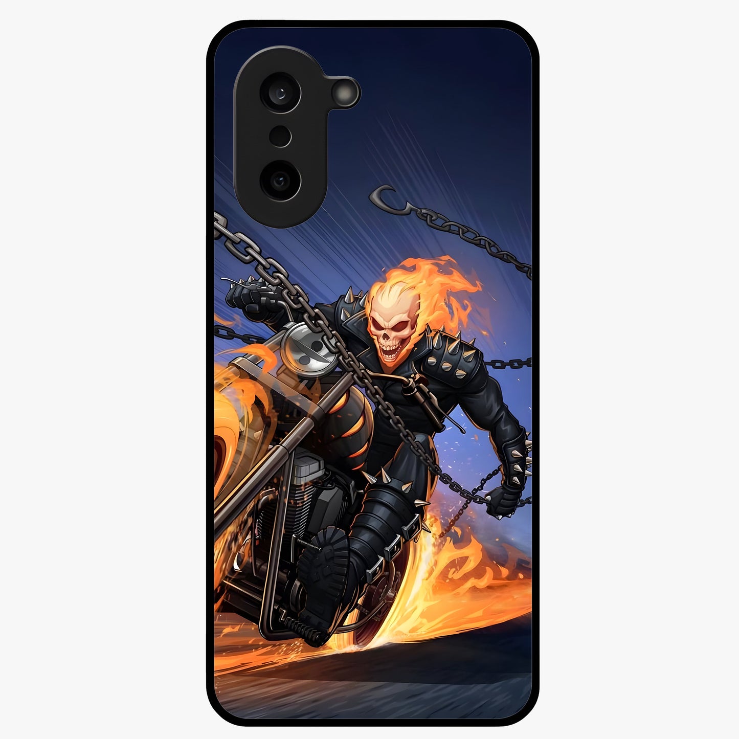 Inferno Chain Rider Glass Case for 1+Nord CE 5 showing full back design in clean flat view with fiery chain rider artwork and glossy glass finish.