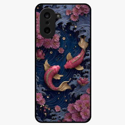 Koi Wave Dance Glass Case for 1+Nord CE 5 artistic front view featuring flowing koi fish artwork with wave patterns