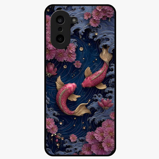 Koi Wave Dance Glass Case for 1+Nord CE 5 artistic front view featuring flowing koi fish artwork with wave patterns