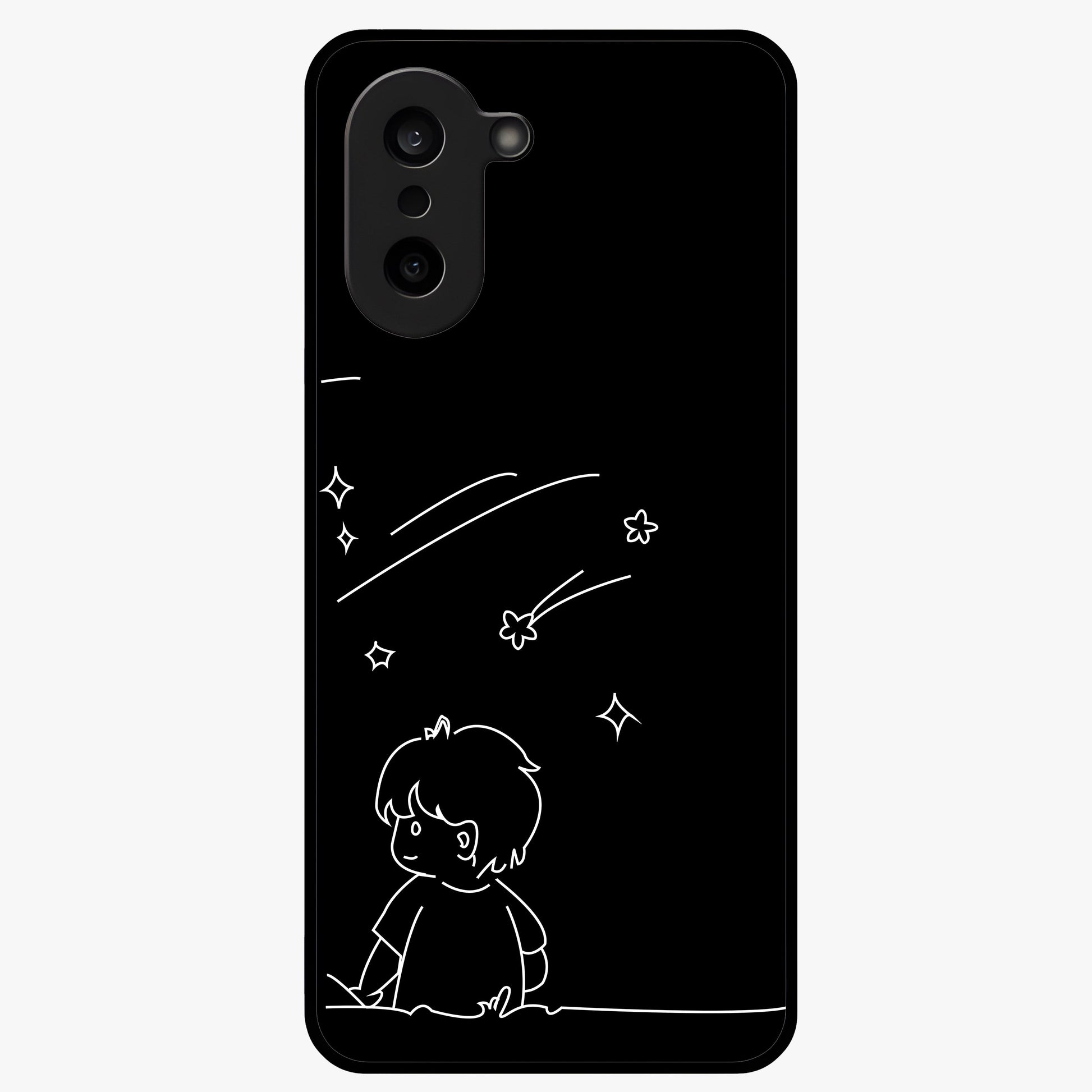 Line Art Boy With Shooting Stars Glass Case for 1+Nord CE 5 artistic front view featuring minimal line art character with star accents