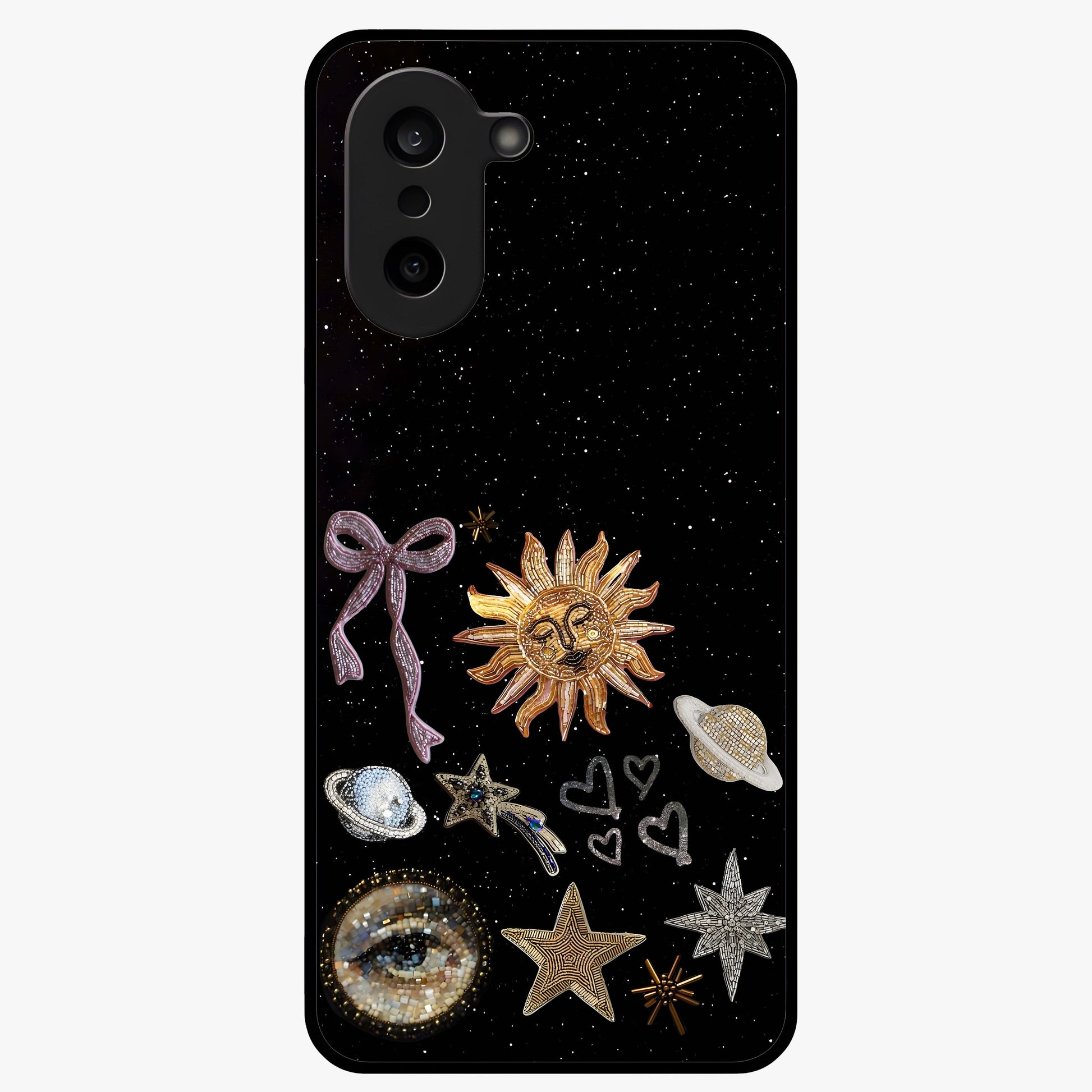 Magical Jewelry Vibe Glass Case for 1+Nord CE 5 glamorous front view featuring jewel inspired artistic artwork