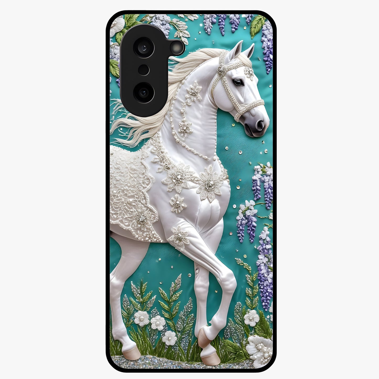 Majestic Floral Stallion Glass Case for 1+Nord CE 5 powerful front view featuring horse artwork blended with floral detailing