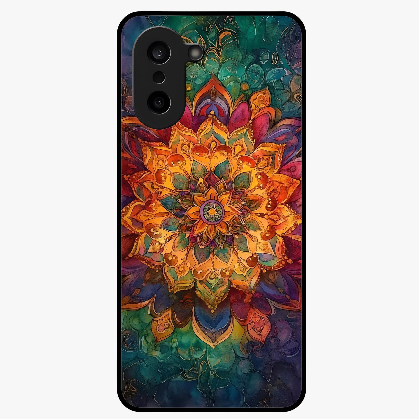 Mandala Vibrants Glass Case for 1+Nord CE 5 artistic front view featuring colorful mandala pattern artwork