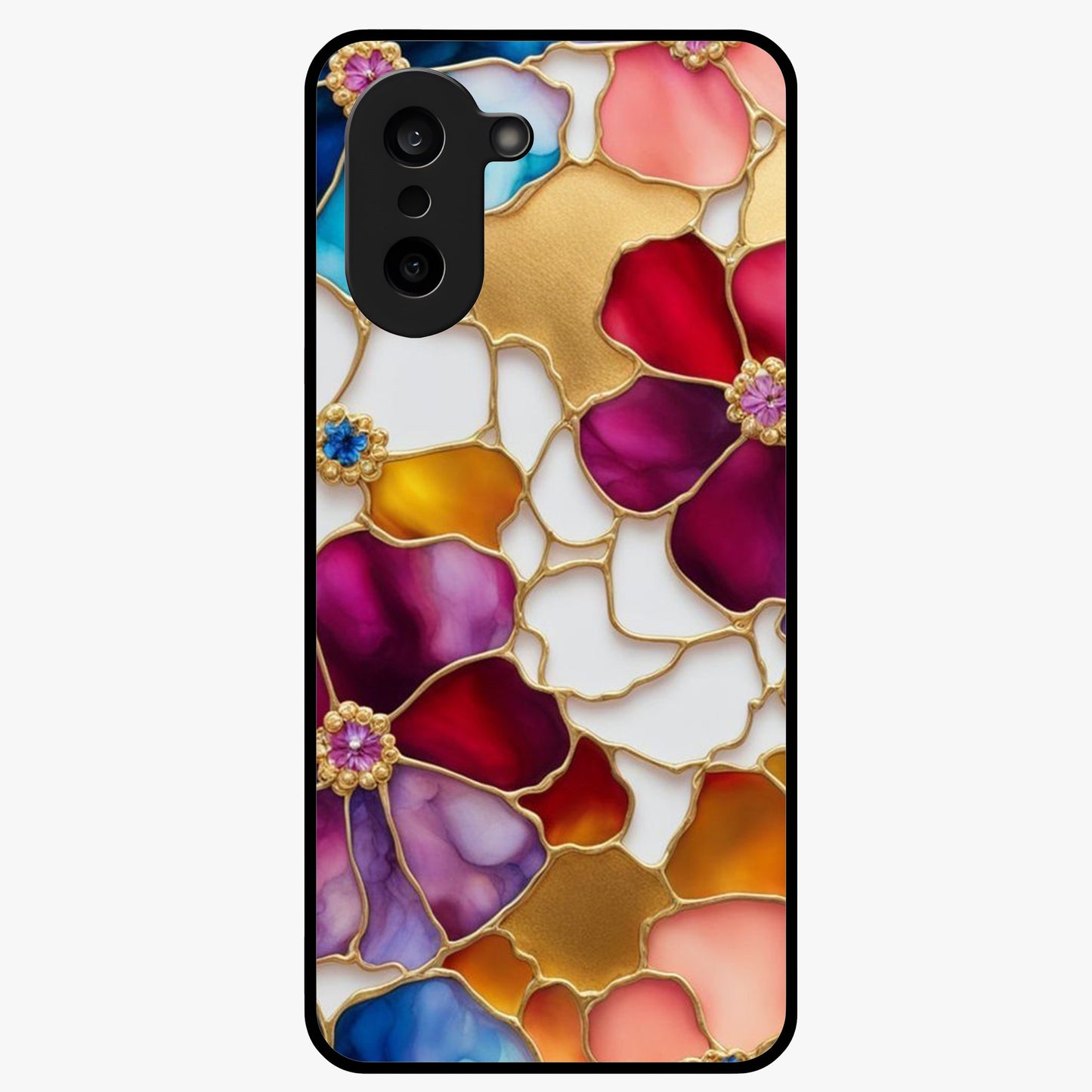 Marble Flower Pattern Glass Case for 1+Nord CE 5 stylish front view featuring floral artwork blended with marble texture