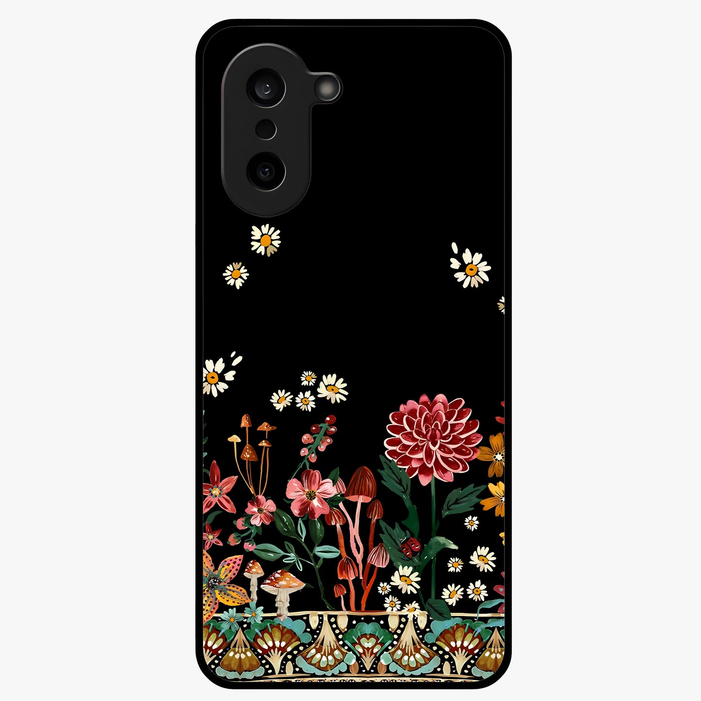 Midnight Bloom Pattern Glass Case for 1+Nord CE 5 elegant front view featuring floral artwork on deep night background