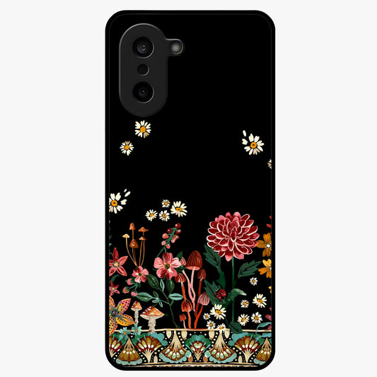 Midnight Bloom Pattern Glass Case for 1+Nord CE 5 elegant front view featuring floral artwork on deep night background