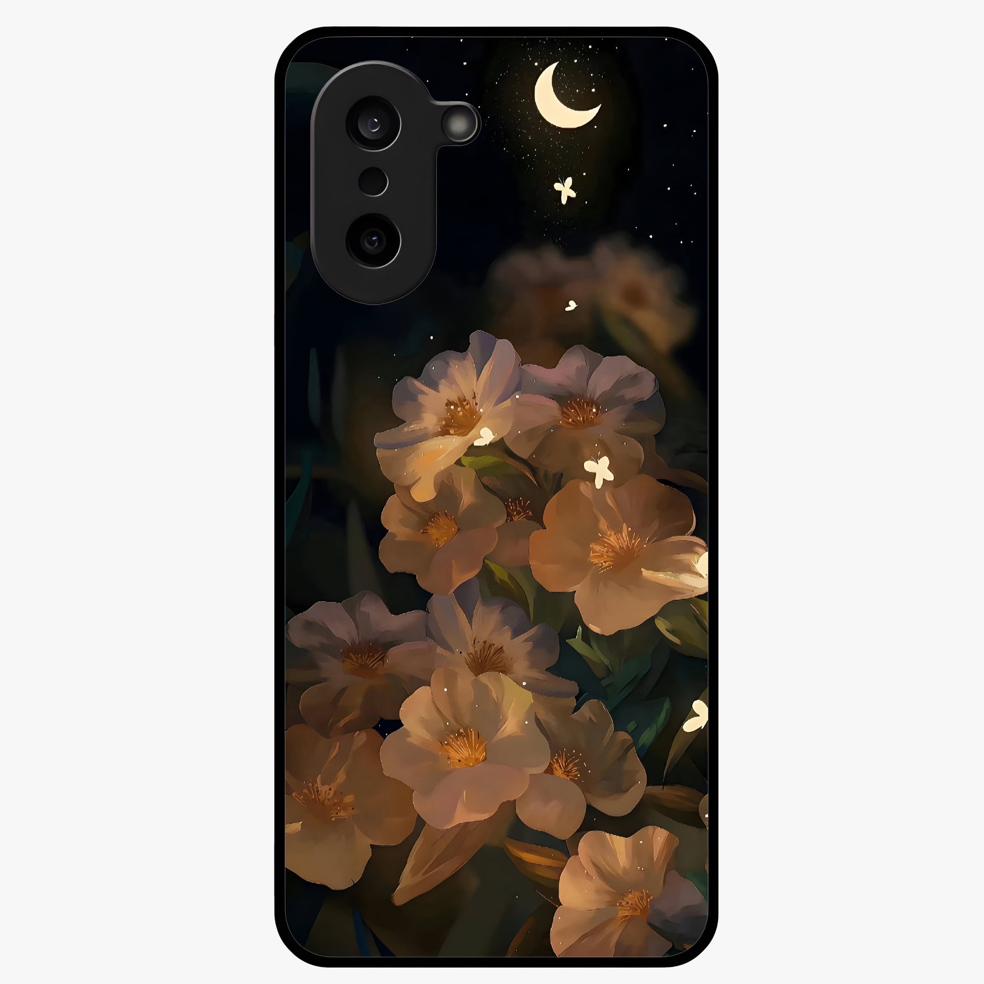 Midnight Bloom Trail Glass Case for 1+Nord CE 5 artistic front view featuring flowing floral trail artwork in dark tones