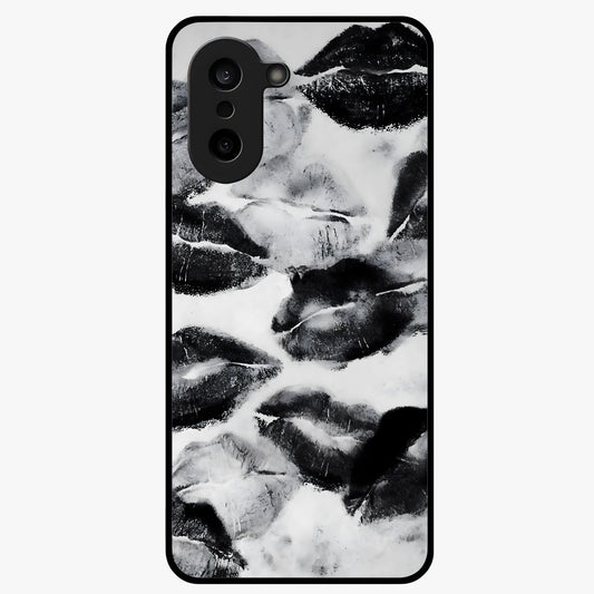 Midnight Kiss Marks Glass Case for 1+Nord CE 5 bold front view featuring romantic kiss mark artwork on dark background