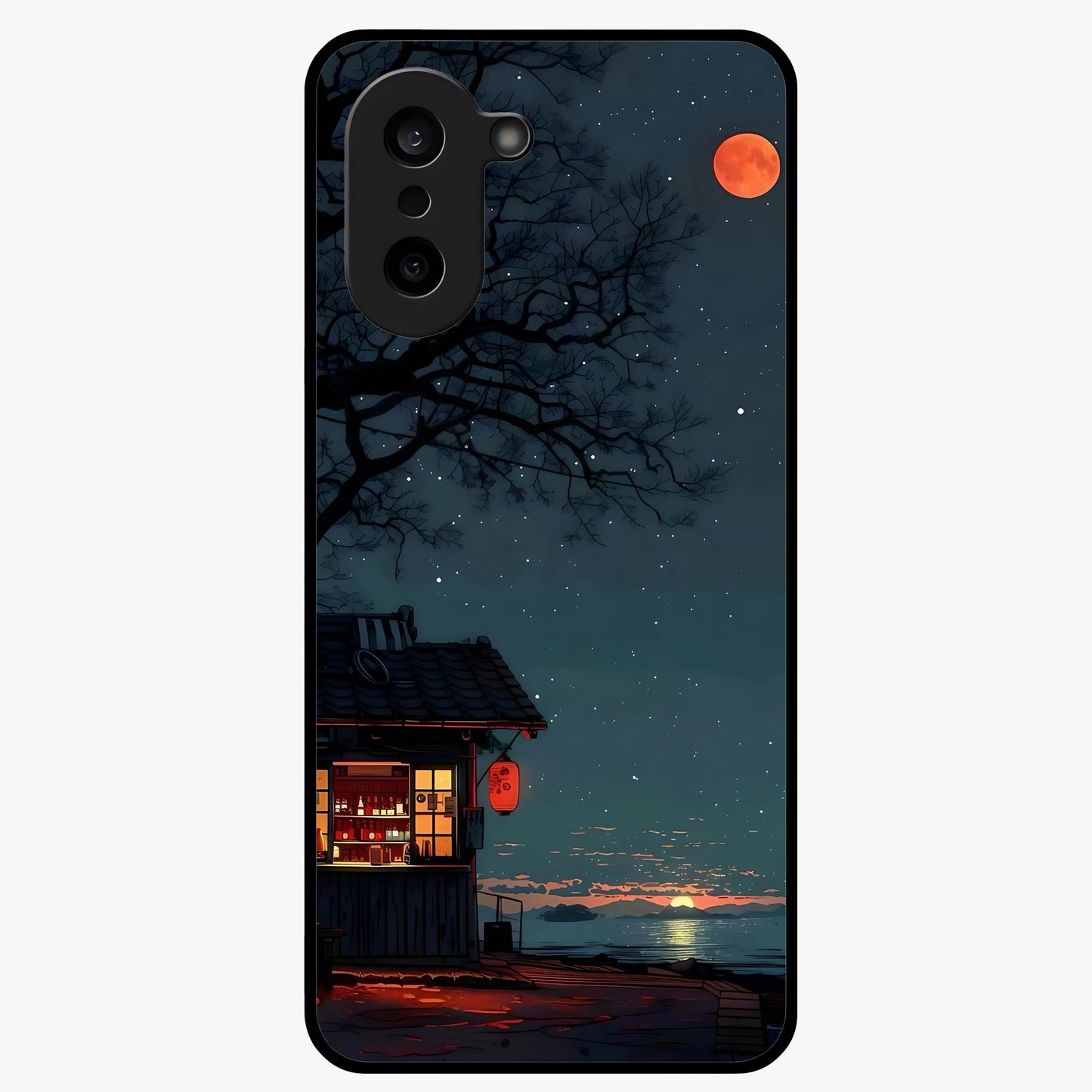 Midnight Lantern Glow Glass Case for 1+Nord CE 5 serene front view featuring glowing lantern artwork under night sky