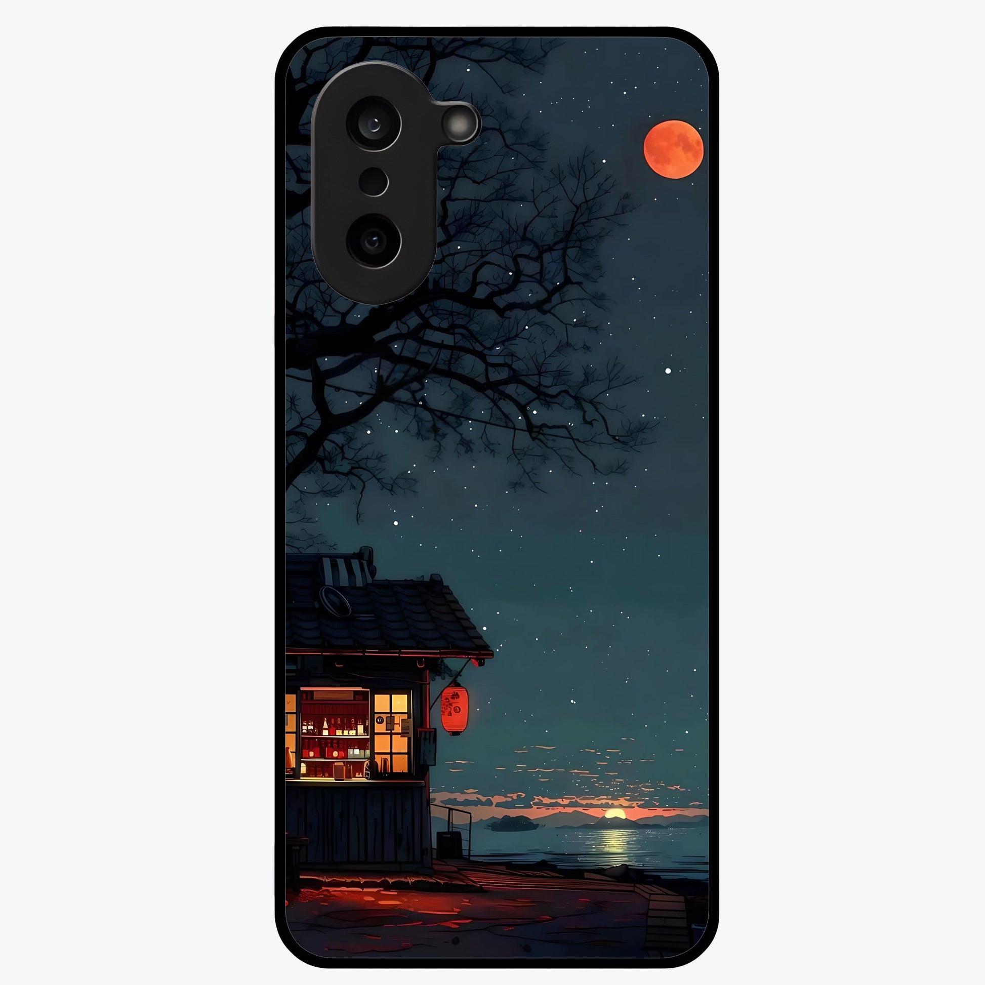 Midnight Lantern Glow Glass Case for 1+Nord CE 5 serene front view featuring glowing lantern artwork under night sky