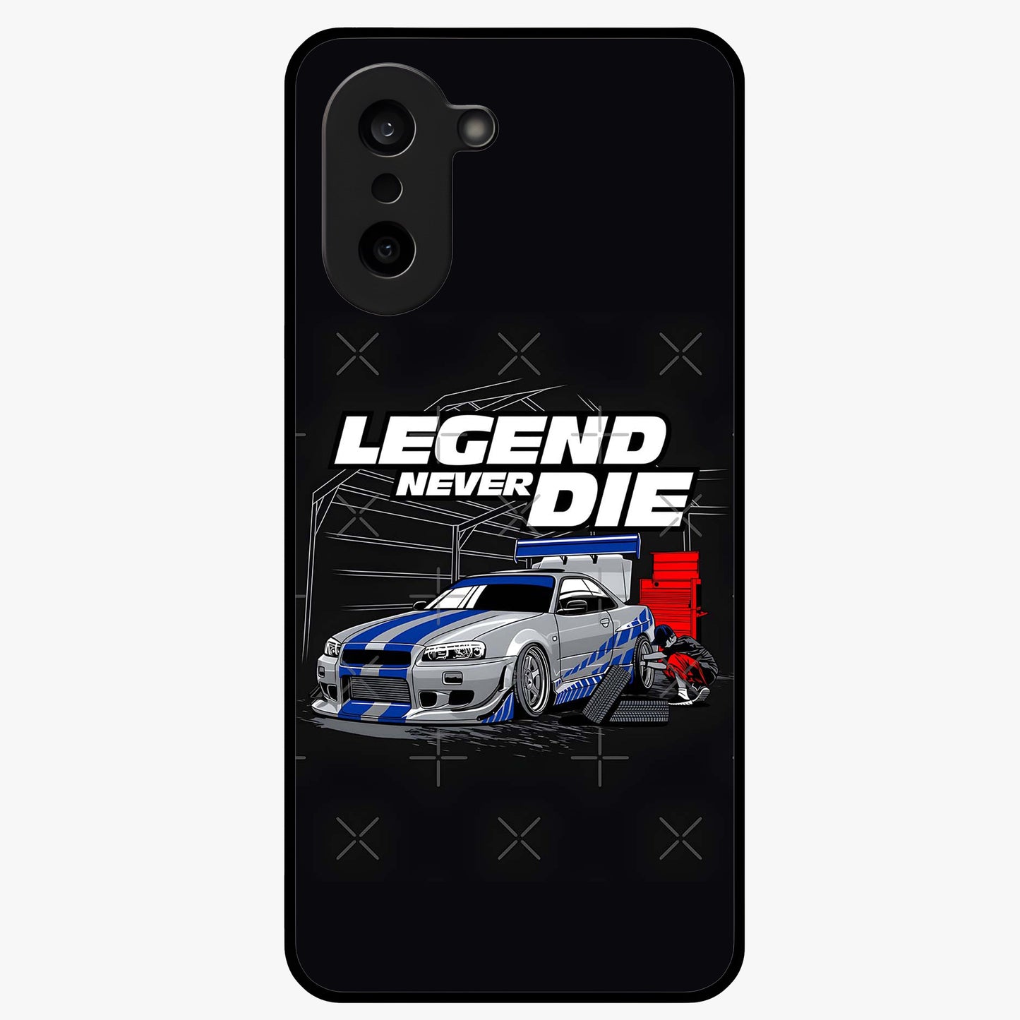 Midnight Racing Legacy Glass Case for 1+Nord CE 5 bold front view featuring racing inspired artwork in dark tones