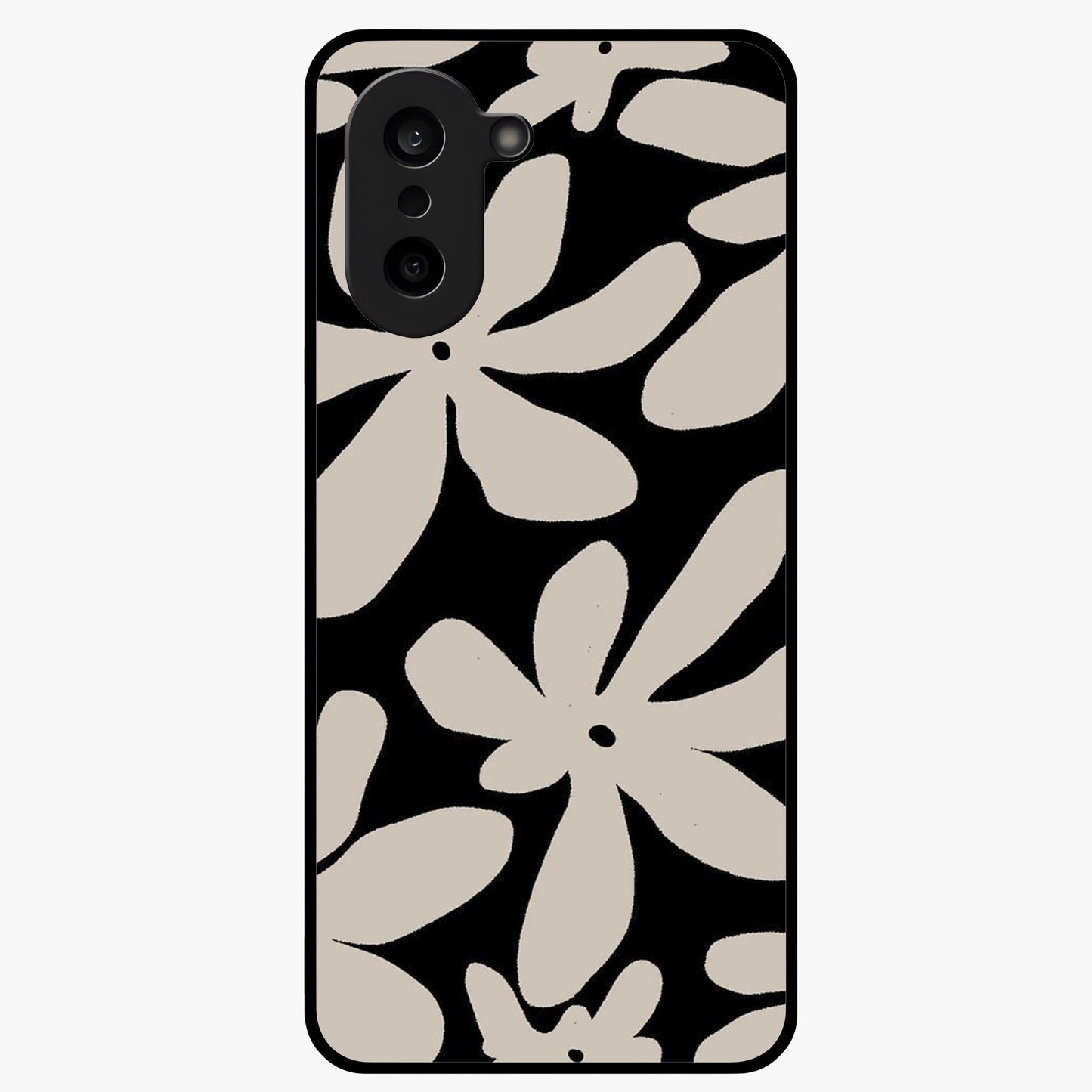 Monochrome Petal Dance Glass Case for 1+Nord CE 5 artistic front view featuring black and white floral artwork